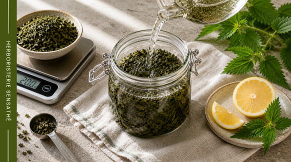 Infusion concentrée d’ortie en bocal avec citron et feuilles fraîches, méthode naturelle pour améliorer l’absorption du fer - Herboristerie Sensathé Infusion concentrée d’ortie en bocal avec citron et feuilles fraîches, méthode naturelle pour améliorer l’absorption du fer - Herboristerie Sensathé